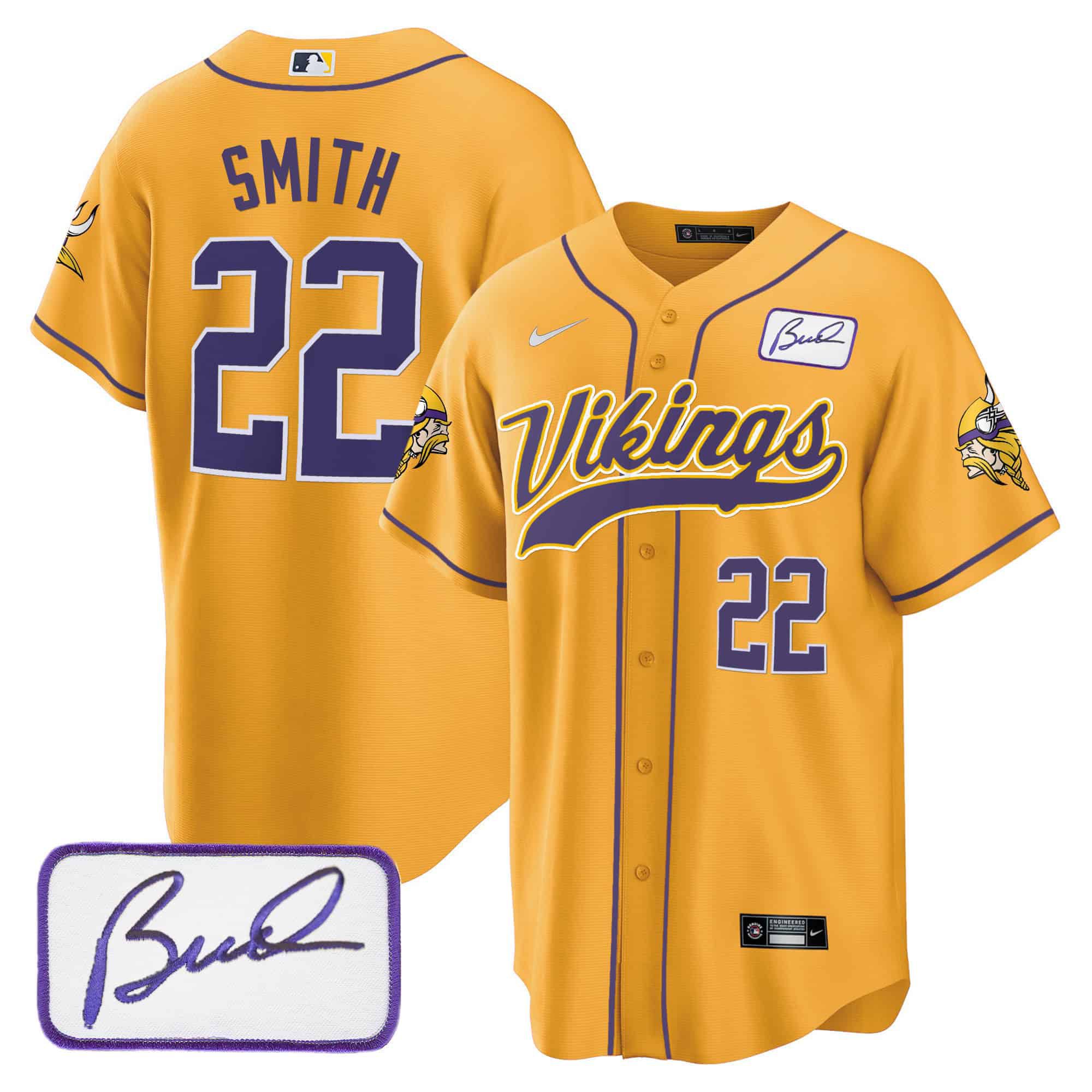 Men Minnesota Vikings #22 Smith Yellow 2024 Nike Bud Grant Patch Classic Baseball NFL Jersey